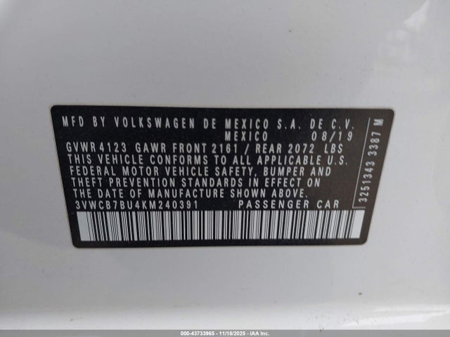 43733965 :رقم المزاد ، 3VWCB7BU4KM240391 vin ، 2019 Volkswagen Jetta 1.4t R-line/1.4t S/1.4t Se مزاد بيع