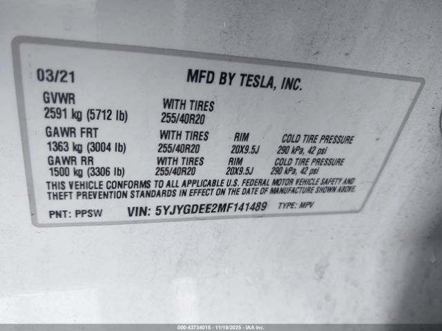 2021 TESLA MODEL Y 5YJYGDEE2MF141489 Photo 8