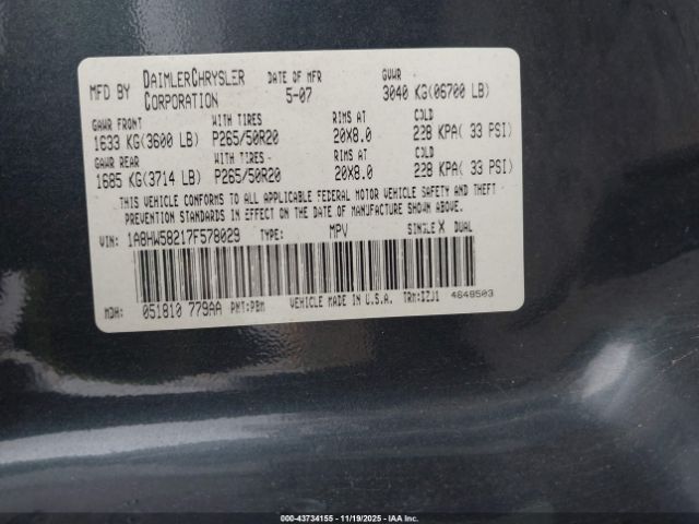 2007 CHRYSLER ASPEN 1A8HW58217F578029 Photo 8