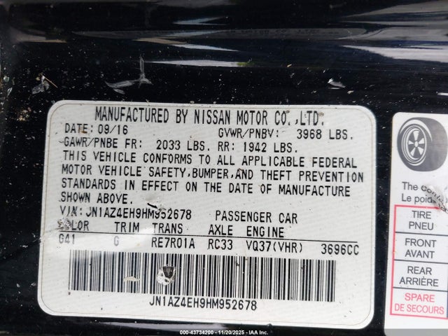 JN1AZ4EH9HM952678 Nissan 370z Nismo/nismo Tech/sport/sport Tech/touring