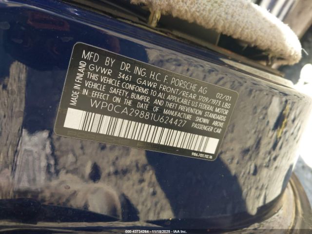 2001 PORSCHE BOXSTER WP0CA29881U624427 Photo 8