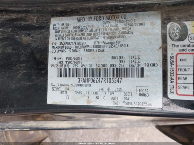 2007 FORD FUSION 3FAHP06Z47R105547 Photo 8