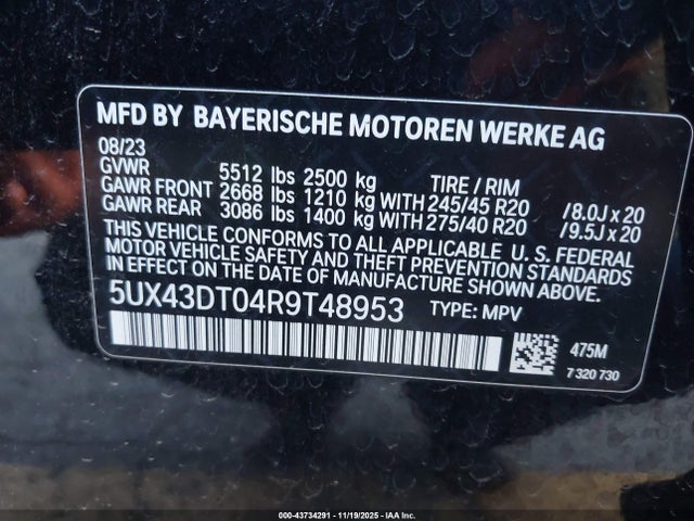 Продаж на аукціоні авто 2024 Bmw X4 M40i, vin: 5UX43DT04R9T48953, номер лоту: 43734291