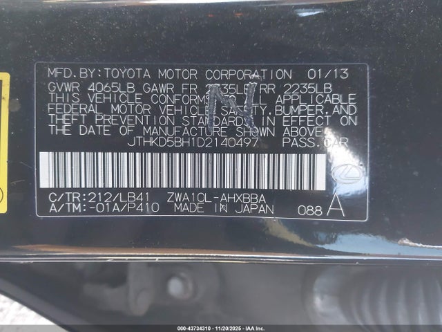 Auction sale of the 2013 Lexus Ct 200h, vin: JTHKD5BH1D2140497, lot number: 43734310