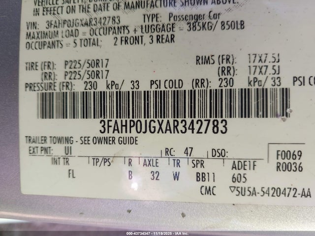 43734347 :رقم المزاد ، 3FAHP0JGXAR342783 vin ، 2010 Ford Fusion Sel مزاد بيع