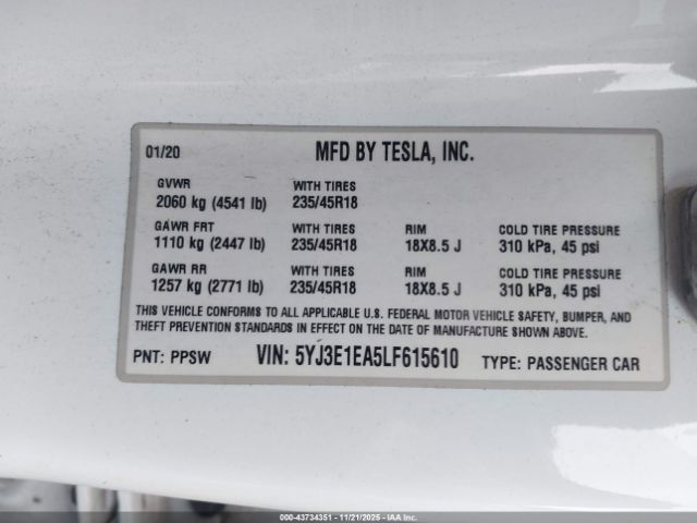 2020 TESLA MODEL 3 5YJ3E1EA5LF615610 Photo 8