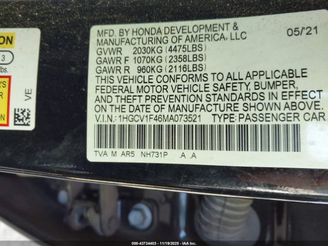 2021 HONDA ACCORD 1HGCV1F46MA073521 Photo 8