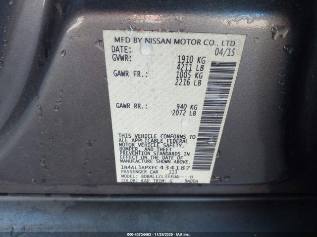 1N4AL3APXFC434187 Nissan Altima 2.5 Sv