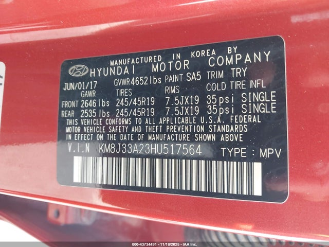43734491 :رقم المزاد ، KM8J33A23HU517564 vin ، 2017 Hyundai Tucson Sport مزاد بيع