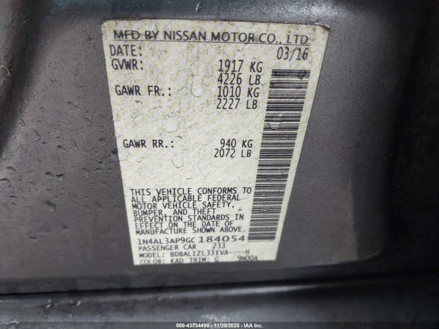 1N4AL3AP9GC184054 Nissan Altima 2.5 Sv