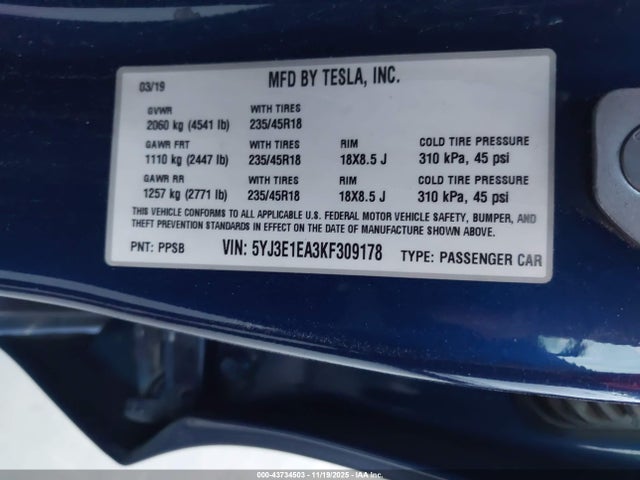 2019 TESLA MODEL 3 5YJ3E1EA3KF309178 Photo 8