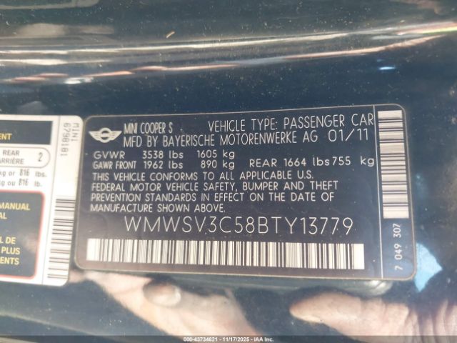 2011 MINI COOPER S WMWSV3C58BTY13779 Photo 8