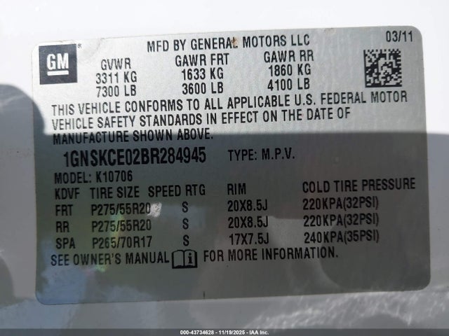 Продаж на аукціоні авто 2011 Chevrolet Tahoe Ltz, vin: 1GNSKCE02BR284945, номер лоту: 43734628