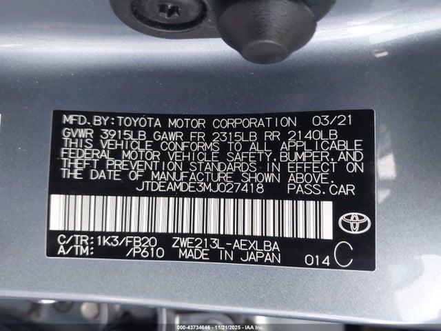 Aukcja sprzedaży 2021 Toyota Corolla Hybrid Le, vin: JTDEAMDE3MJ027418, numer aukcji: 43734646
