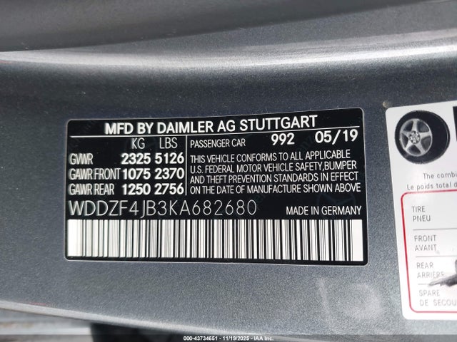 Aukcja sprzedaży 2019 Mercedes-benz E 300, vin: WDDZF4JB3KA682680, numer aukcji: 43734651