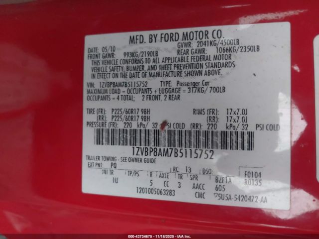 2011 FORD MUSTANG 1ZVBP8AM7B5115752 Photo 8