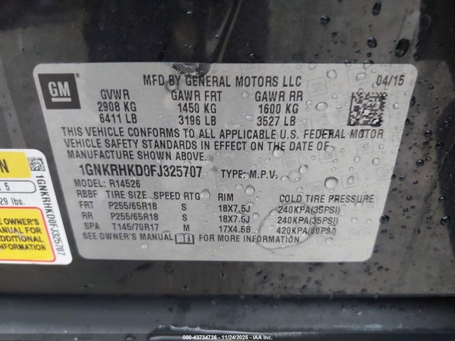 Chevrolet Traverse 2lt 2015 1GNKRHKD0FJ325707 Image 9