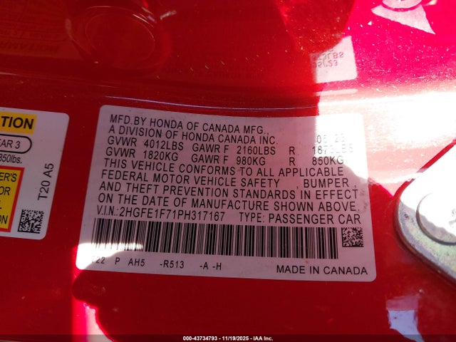 Honda Civic Ex/ex W/o Bsi 2023 2HGFE1F71PH317167 Image 9