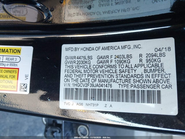 1HGCV2F39JA041476 Honda k20c4