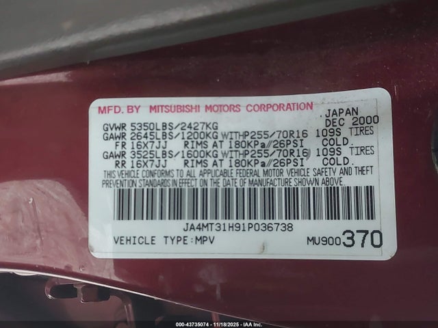 2001 MITSUBISHI MONTERO SPORT JA4MT31H91P036738 Photo 8