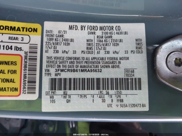 2021 FORD BRONCO SPORT 3FMCR9B61MRA95632 Photo 8