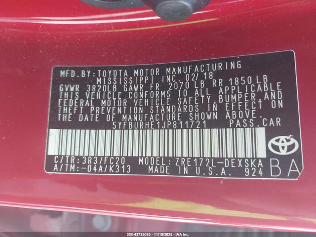 5YFBURHE1JP811721 Toyota COROLLA SE