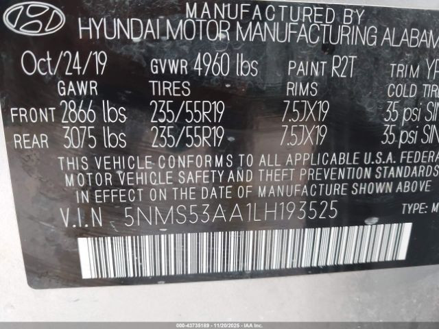 2020 HYUNDAI SANTA FE 5NMS53AA1LH193525 Photo 8