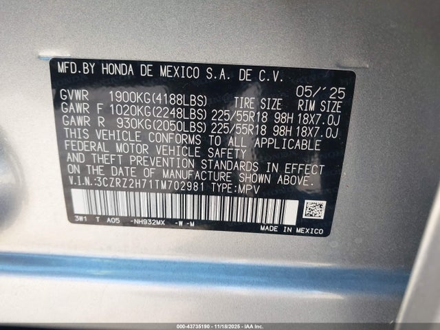 3CZRZ2H71TM702981 Honda Hr-v Awd Ex-l