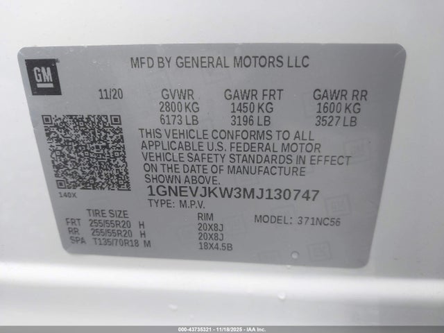 1GNEVJKW3MJ130747 Chevrolet Traverse Awd Rs