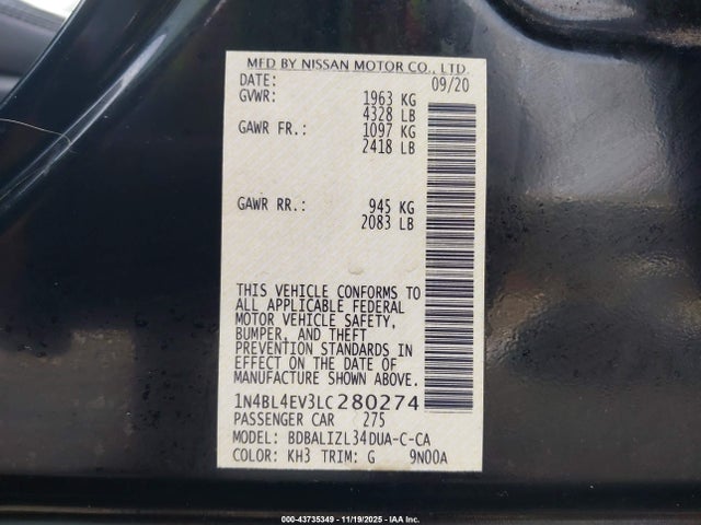 2020 NISSAN ALTIMA 1N4BL4EV3LC280274 Photo 8