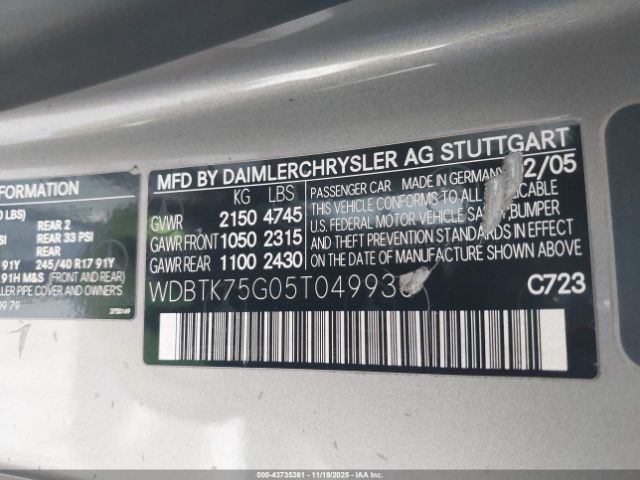 2005 MERCEDES-BENZ CLK 500 WDBTK75G05T049936 Photo 8