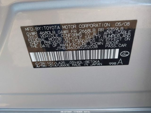 2008 LEXUS ES 350 JTHBJ46G082252038 Photo 8