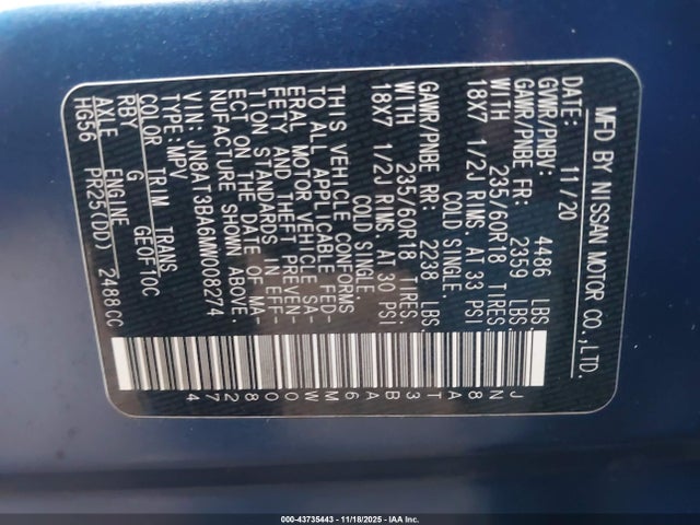 JN8AT3BA6MW008274 Nissan Rogue Sv Fwd