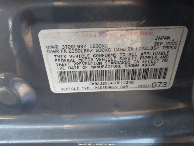 2006 MITSUBISHI LANCER JA3AJ26E46U014340 Photo 8