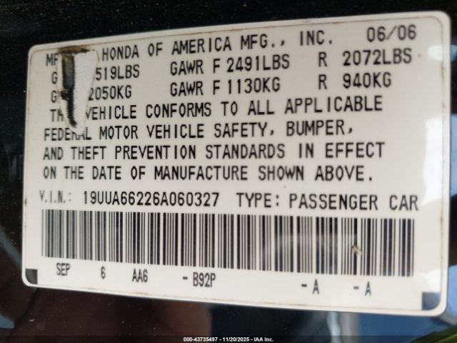 2006 ACURA TL 19UUA66226A060327 Photo 8