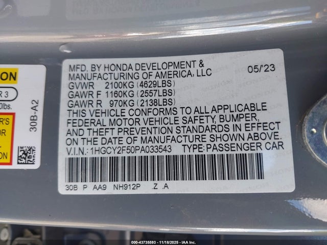 1HGCY2F50PA033543 Honda Accord Hybrid Sport