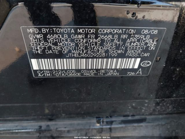 2009 LEXUS ES 350 JTHBJ46G292281199 Photo 8