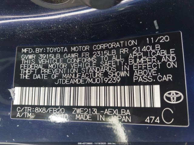 2021 TOYOTA COROLLA JTDEAMDE7MJ019239 Photo 8