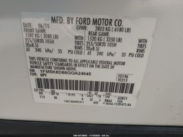 2016 FORD EXPLORER 1FM5K8D86GGA24945 Photo 8