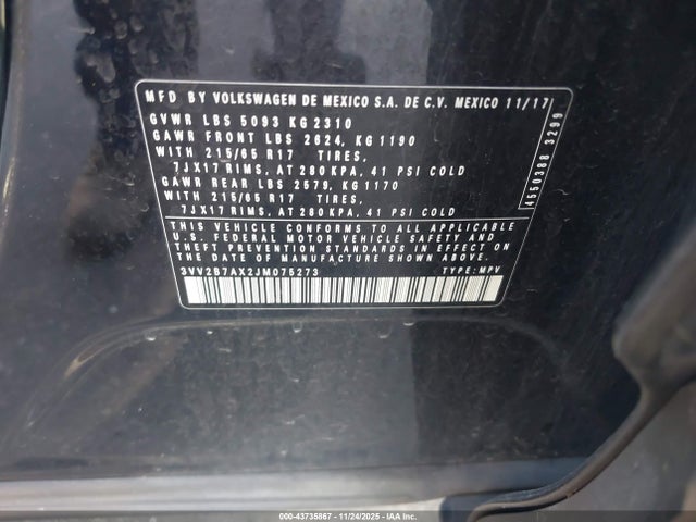 3VV2B7AX2JM075273 Volkswagen Tiguan 2.0t Se/2.0t Sel