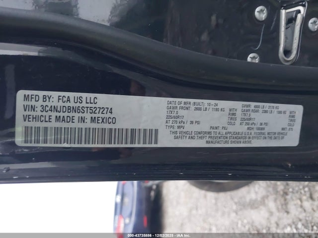 43735886 :رقم المزاد ، 3C4NJDBN6ST527274 vin ، 2025 Jeep Compass Latitude 4x4 مزاد بيع