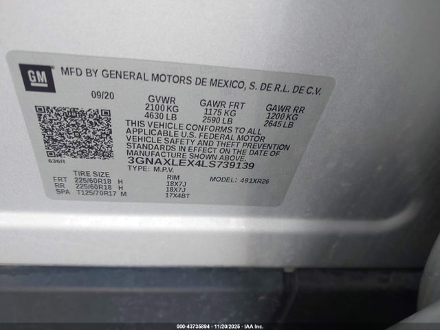 Aukcja sprzedaży 2020 Chevrolet Equinox Fwd Lt 2.0l Turbo, vin: 3GNAXLEX4LS739139, numer aukcji: 43735894