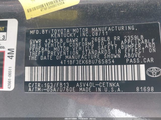 2011 TOYOTA CAMRY 4T1BF3EK6BU765854 Photo 8