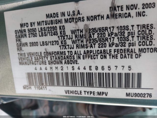 2004 MITSUBISHI ENDEAVOR 4A4MM21S44E065775 Photo 8