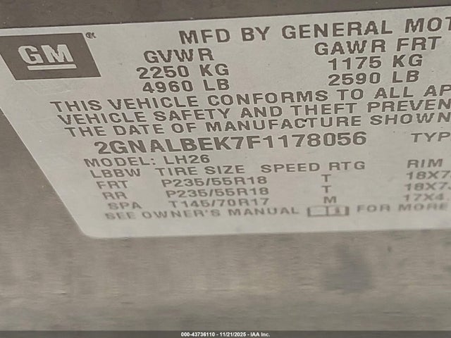Chevrolet EQUINOX 1LT 2015 2GNALBEK7F1178056 Image 9