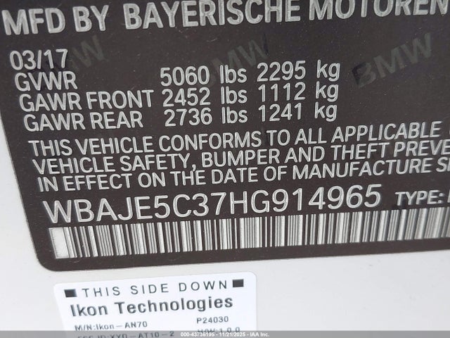 Продажа на аукционе авто 2017 Bmw 540i, vin: WBAJE5C37HG914965, номер лота: 43736195