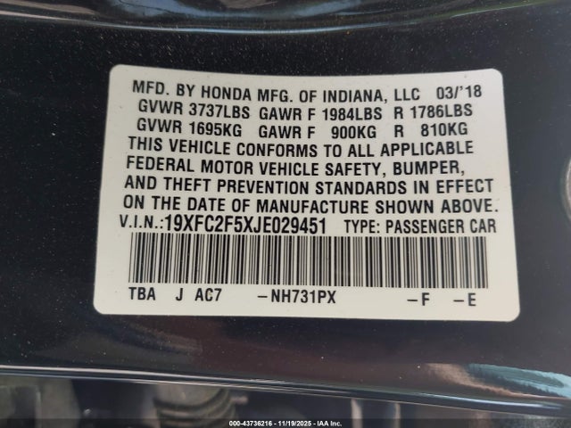 Honda Civic Lx 2018 19XFC2F5XJE029451 Image 9