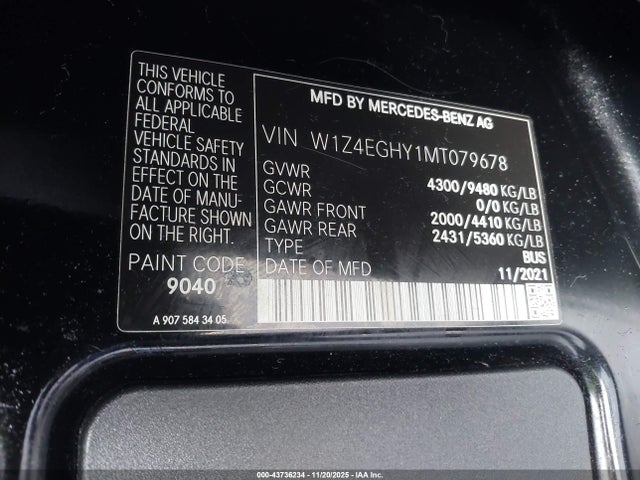 2021 Mercedes-benz Sprinter 2500 High Roof V6 მანქანა იყიდება აუქციონზე, vin: W1Z4EGHY1MT079678, აუქციონის ნომერი: 43736234