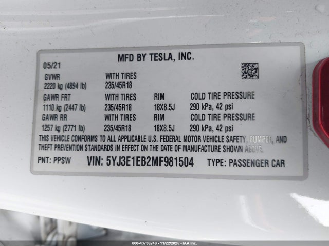 2021 TESLA MODEL 3 5YJ3E1EB2MF981504 Photo 8
