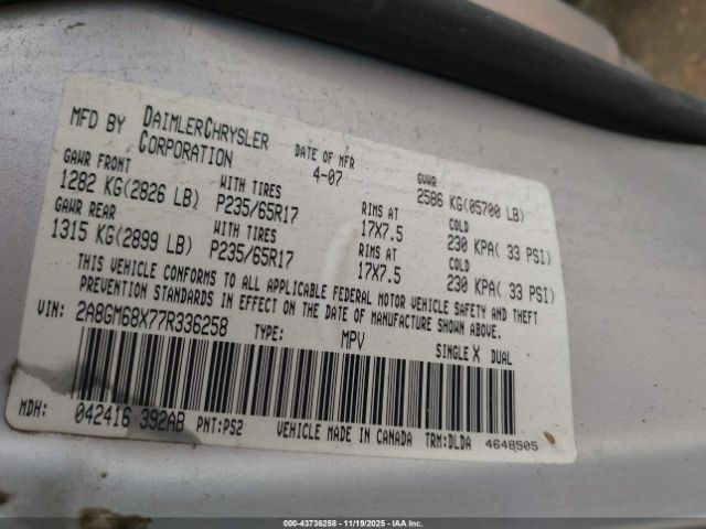 2007 CHRYSLER PACIFICA 2A8GM68X77R336258 Photo 8
